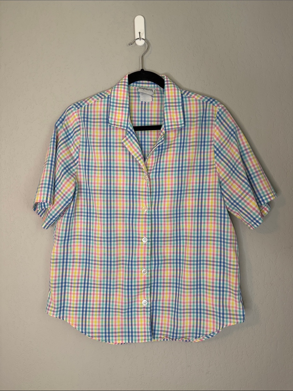 Vintage Pastel Multicolor Plaid Short Sleeve Shirt Lightweight Spring Summer